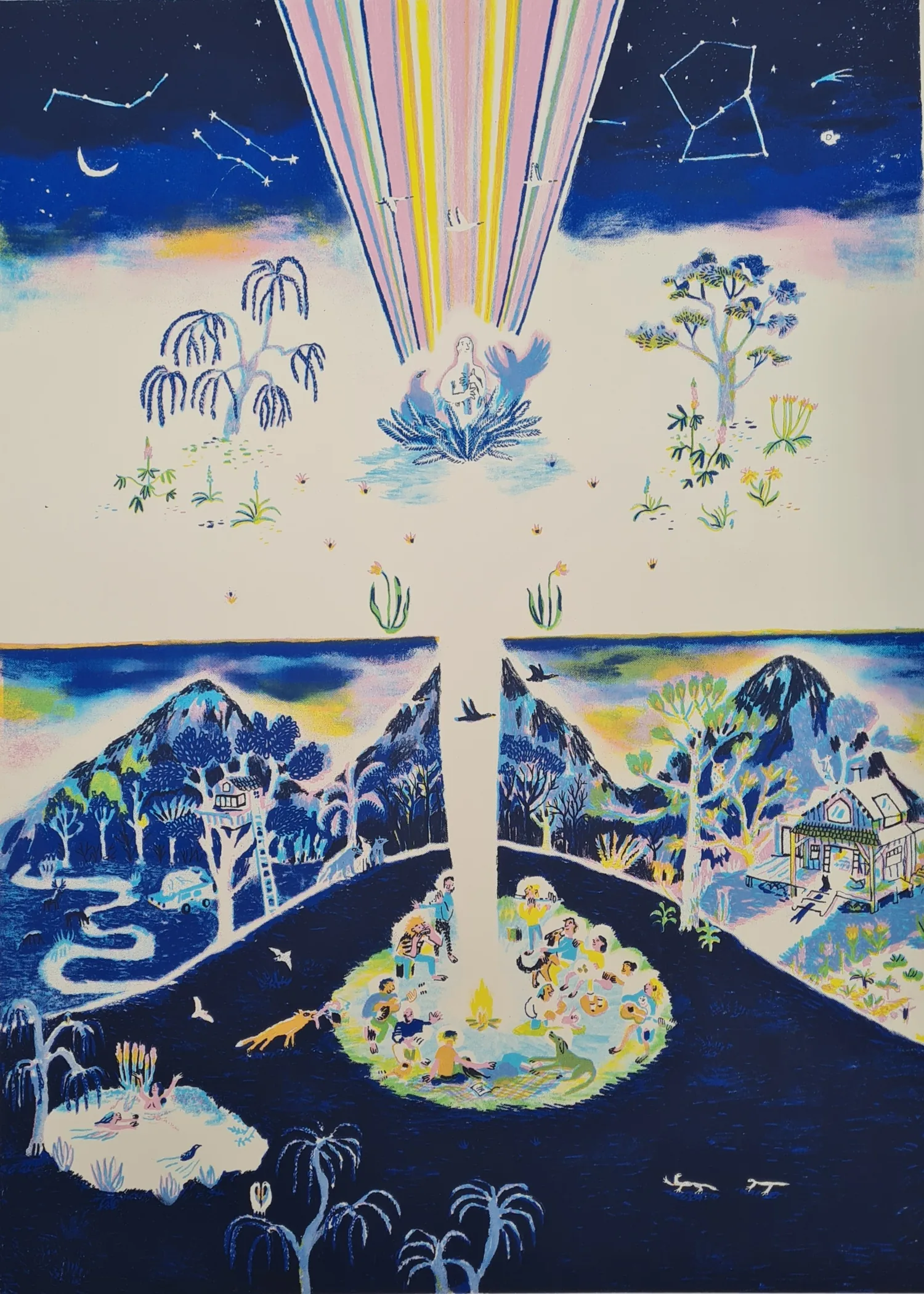 Tableau coloré représentant un cercle, des chemins et des rayons lumineux